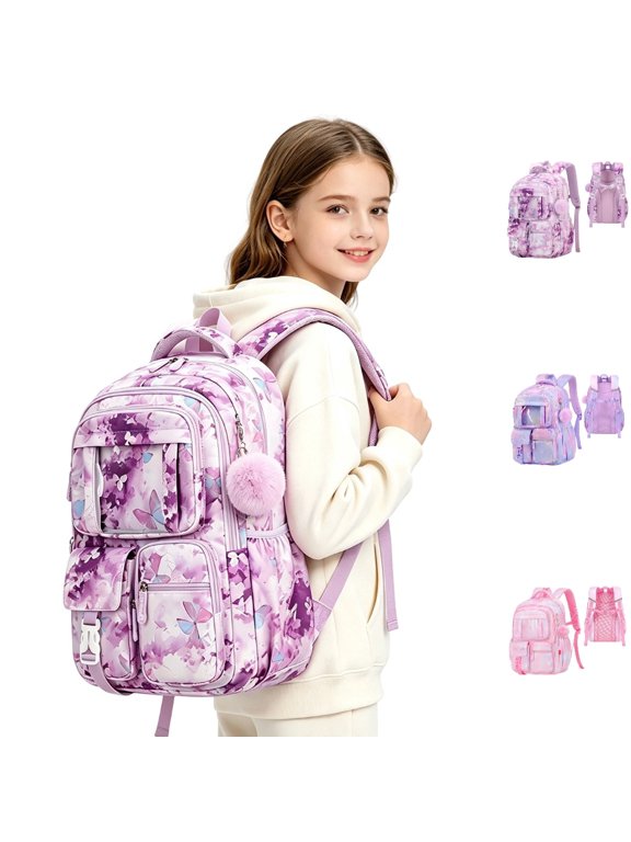 Kids Backpack Boys Butterfly Floral Ombre Print Daypack with Pom Accent Back to School Supplies for Kids Backpack for Girls Light Purple