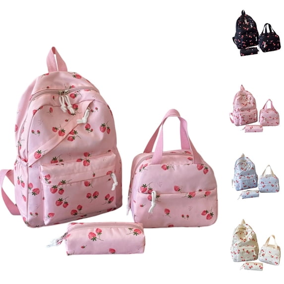 HJYCHN Kids Backpack Boys Strawberry Floral Print 3Pc Set Daypack with Lunch Bag Pencil Case Back to School Supplies for Kids Backpack for Girls Pink