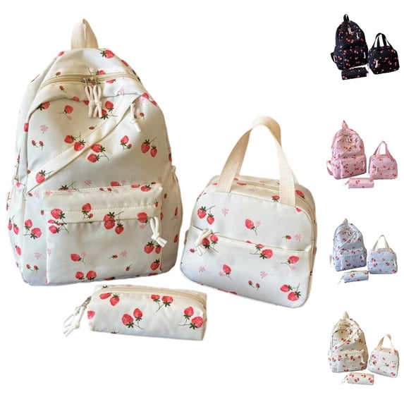 HJYCHN Kids Backpack Boys Strawberry Floral Print 3Pc Set Daypack with Lunch Bag Pencil Case Back to School Supplies for Kids Backpack for Girls White