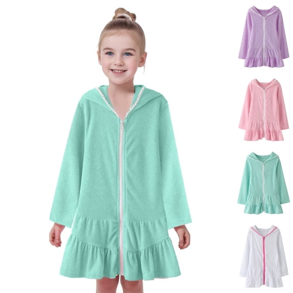 HJYCHN Kids Dress Long Sleeve Hooded Zip up Swim Cover up Beach Dress with Ruffled Hem for Girls Dresses 2-3 Years