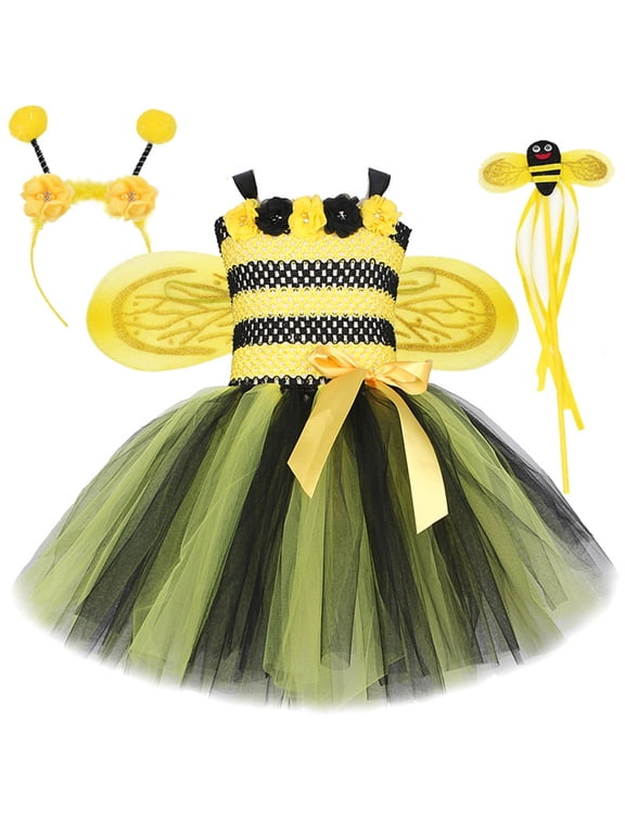 Kids Dress Sleeveless Bee Themed Tutu Set with Wings and Wand for Carnival Girls Dress 10-12 Years