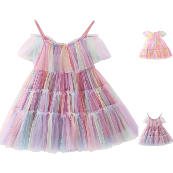 HJYCHN Kids Dress Sleeveless Gradient Mesh Party Gown with Ruffled Straps for Carnival Girls Dress 4-5 Years