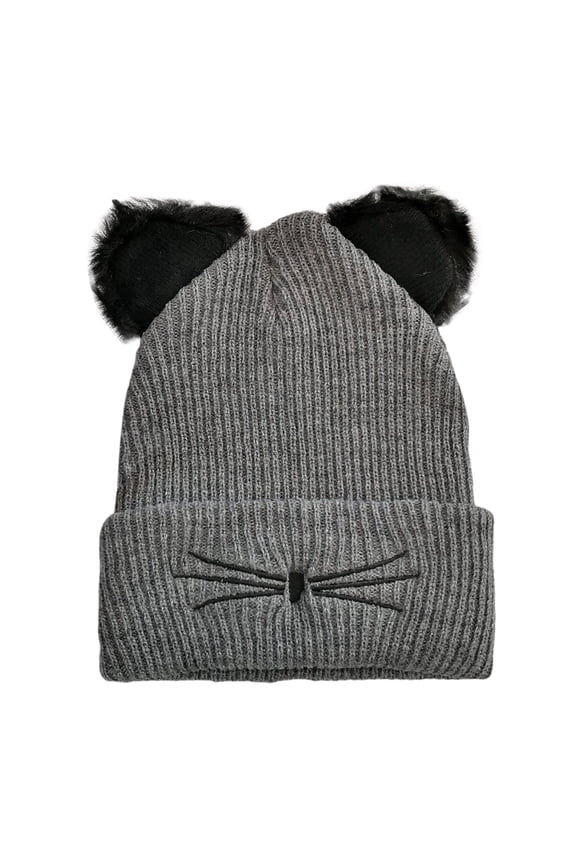Kitty Ear Knit Embroidered Pullover Hat Cozy Warm Winter Fall Fashion Accessory for Women Girls Soft Yarn Grey One Size