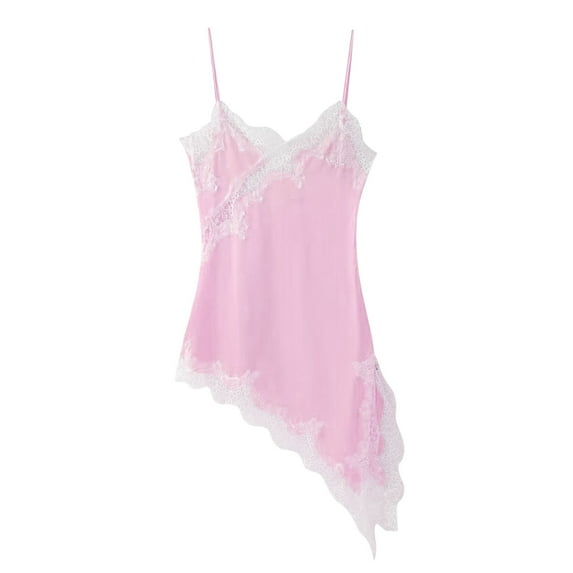 HJYCHN Lace Asymmetrical Spaghetti Strap Flowy Boho Mini Dress V-Neck Design for Date Night and Casual Outings with Elegant A-Line Design Dress Pink M