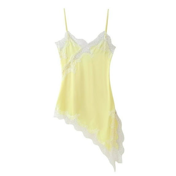 HJYCHN Lace Asymmetrical Spaghetti Strap Flowy Boho Mini Dress V-Neck Design for Date Night and Casual Outings with Elegant A-Line Design Dress Yellow M