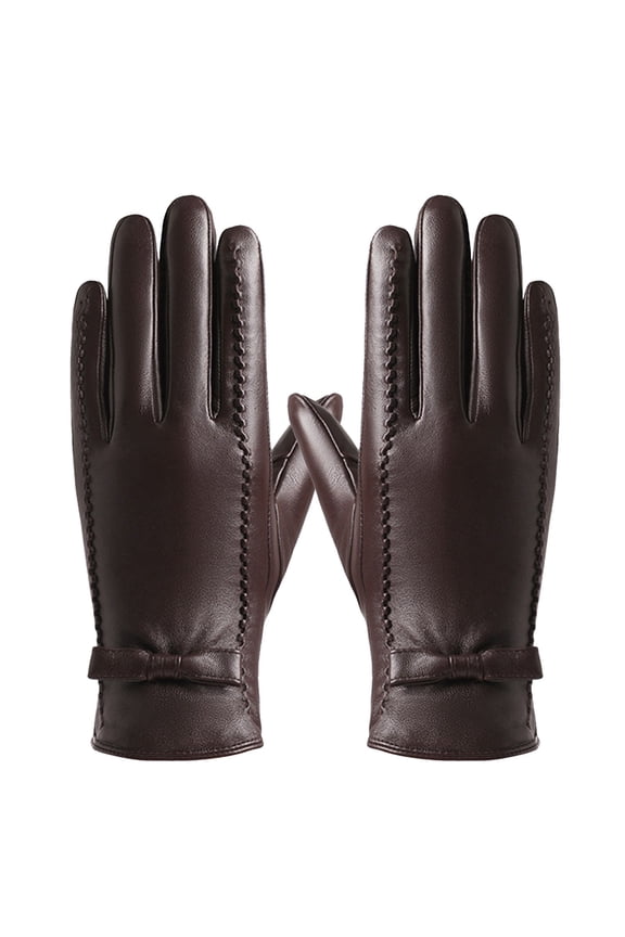 Ladies 2024 Winter Autumn Versatile Windproof Cold Weather Thick Leather Gloves Mittens For Driving Touchscreen Brown L