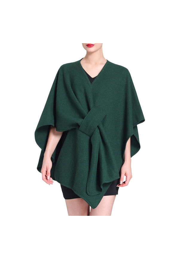Ladies Autumn Winter Hooded Shawl Cape Wool Blend Cardigan Coat with Detachable Collar Dark Green One Size