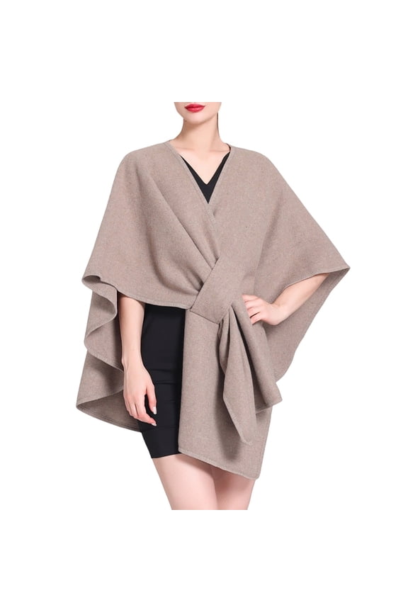 Ladies Autumn Winter Hooded Shawl Cape Wool Blend Cardigan Coat with Detachable Collar Khaki One Size