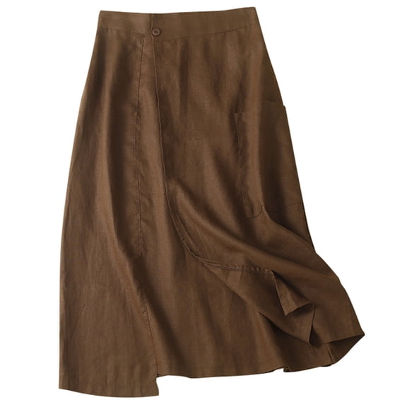 HJYCHN Ladies Retro High Waisted Wrap A Line Skirt with Linen Blend for Casual Daily Wear and Outfit Versatility Coffee M