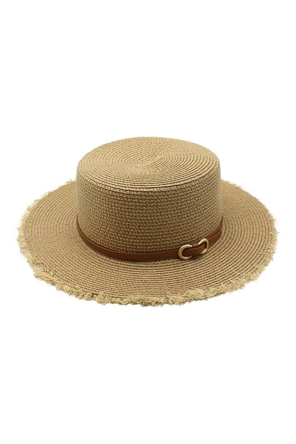 Ladies Wide Brim Raffia Straw Sun Hat Summer Beach Travel Accessory With Adjustable Belt Khaki One Size