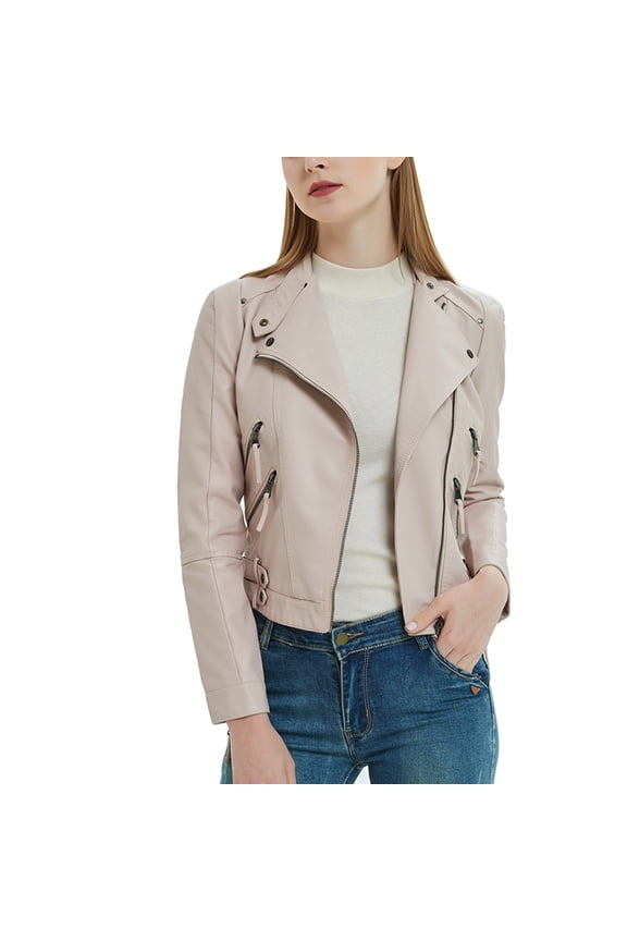 Leather Jacket Women Motorcycle Zipper Short Slim Fit Jacket Easily Paired Casual Outerwear Long Sleeve Winter Coats for Women Pink XXL