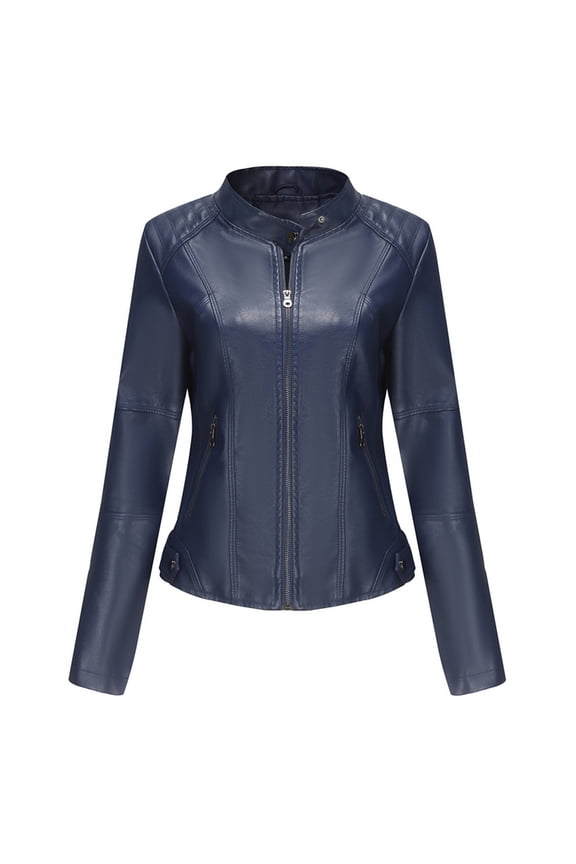 Leather Jacket Women Slim Fit Plus Size Motorcycle Outerwear Stand Collar Casual Long Sleeve Top For Everyday Wear Womens Winter Coat Dark Blue L