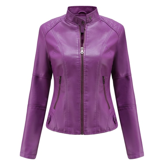 HJYCHN Leather Jacket Women Slim Fit Plus Size Motorcycle Outerwear Stand Collar Casual Long Sleeve Top For Everyday Wear Womens Winter Coat Purple XL