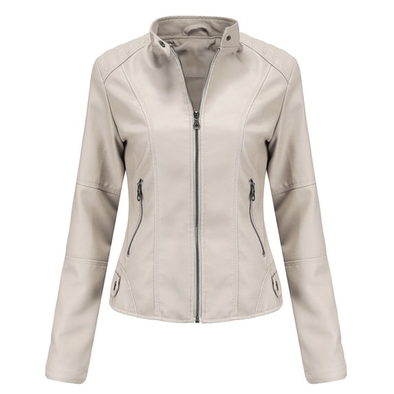 HJYCHN Leather Jacket Women Slim Fit Plus Size Motorcycle Outerwear Stand Collar Casual Long Sleeve Top For Everyday Wear Womens Winter Coat Beige S