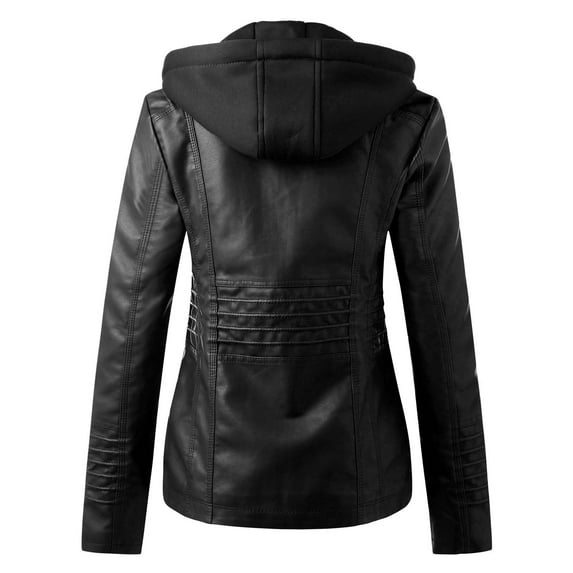 HJYCHN Leather Jacket Women Solid Color Hooded Zipper Pocket Long Sleeve Slim Fit Motorcycle Coat Short Punk Outerwear Coats for Women Black XXXXXXL