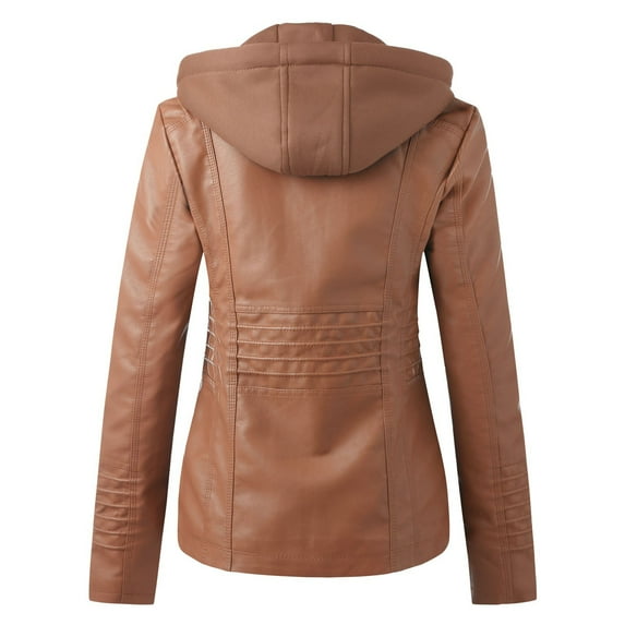 HJYCHN Leather Jacket Women Solid Color Hooded Zipper Pocket Long Sleeve Slim Fit Motorcycle Coat Short Punk Outerwear Coats for Women Brown One Size