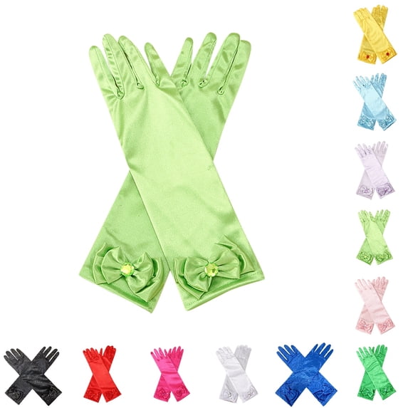 HJYCHN Long Elbow Length Gloves for Girls with Bow Detail Embellished Wrist Birthday Party Solid Color Gloves GN2 One Size