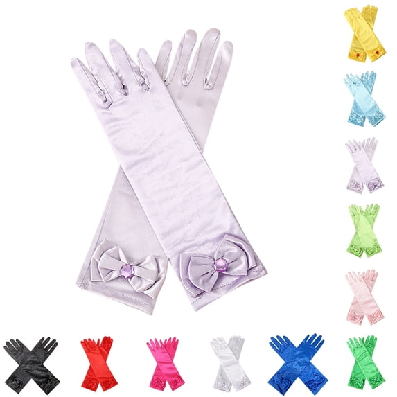 HJYCHN Long Elbow Length Gloves for Girls with Bow Detail Embellished Wrist Birthday Party Solid Color Gloves Purple One Size
