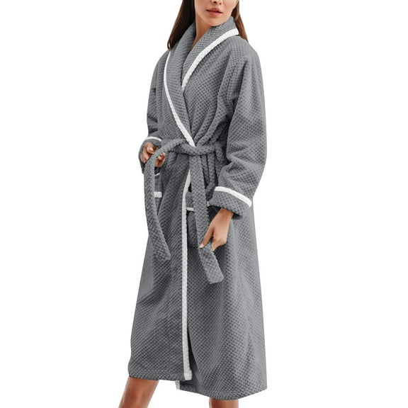 HJYCHN Long Flannel Bathrobe for Women Cozy Winter Wear Elegant Shawl Collar Design with Pockets Grey L