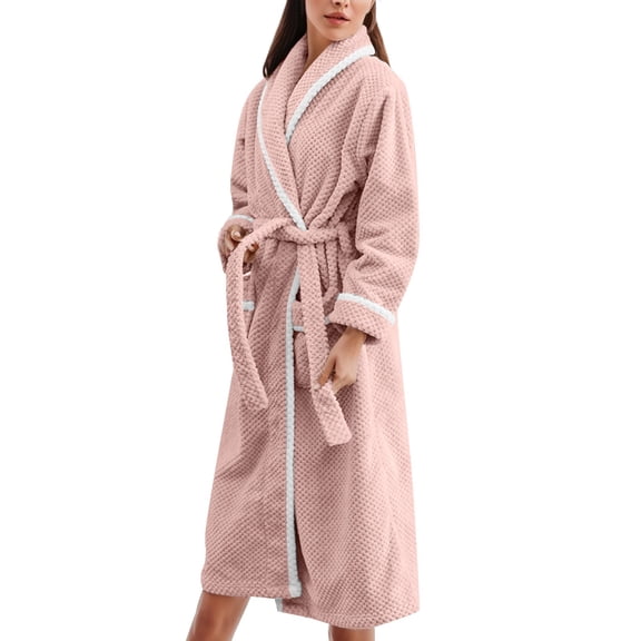 HJYCHN Long Flannel Bathrobe for Women Cozy Winter Wear Elegant Shawl Collar Design with Pockets Pink M