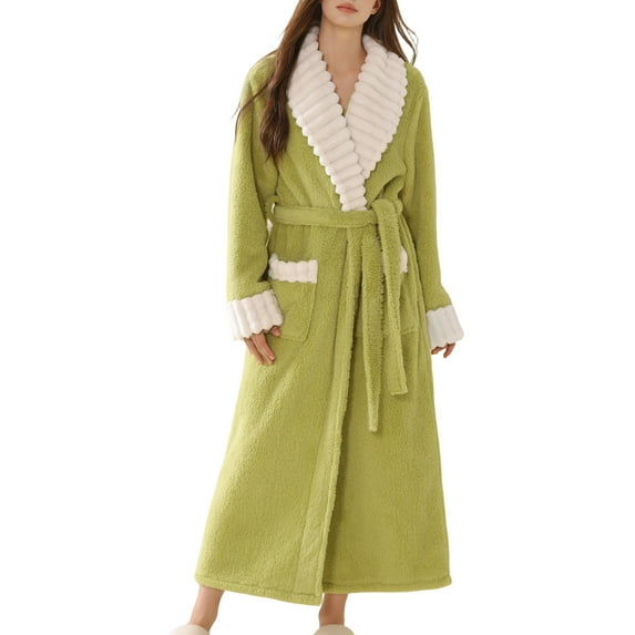 HJYCHN Long Shawl Bathrobe Collar Robe Soft Warm Full Length Winter Bathrobe Cozy Loungewear Sleepwear for Women Green L