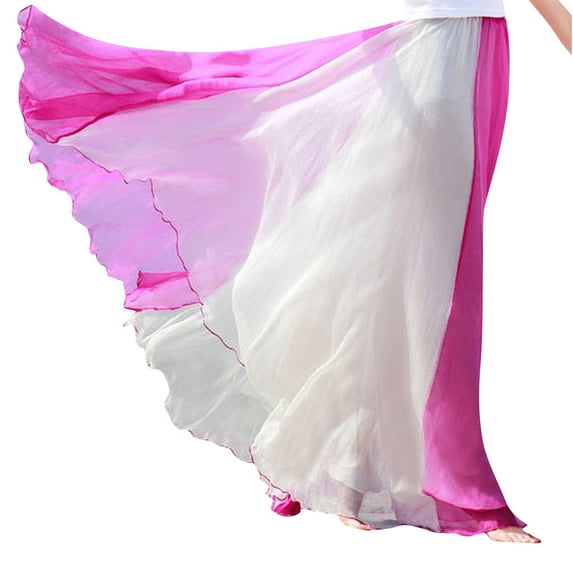 HJYCHN Long Skirts for Women Fashion Full Chiffon Bohemian Color Block Matching Skirt with Extra Large Flowing Hem Midi Skirts for Women Hot Pink One Size