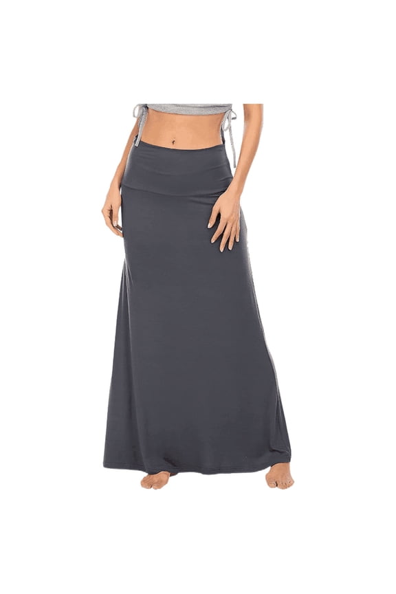 Long Skirts for Women Casual Ruched Stretchy High Waist A-Line Midi Skirt Flared Solid Color Midi Skirt Grey M