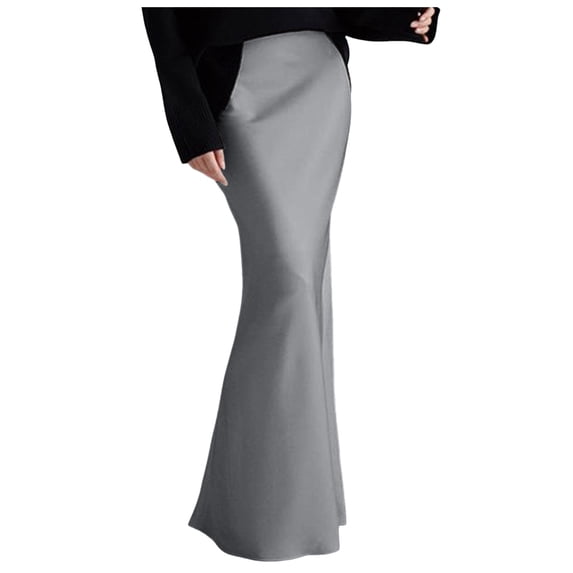 HJYCHN Long Skirts for Women Spring Summer Silk Elegant High Waist Evening Party Flared Hem Satin Maxi Satin Skirt Grey M