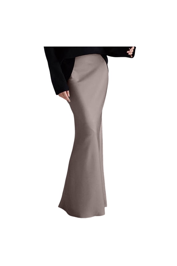 Long Skirts for Women Spring Summer Silk Elegant High Waist Evening Party Flared Hem Satin Maxi Satin Skirt Khaki M