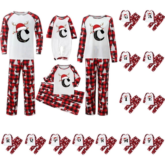 HJYCHN Matching Pajama Sets Family Christmas Pajamas Christmas Family Pajamas Matching Sets Santa Hat Antler Letter Print Plaid Pants Long Sleeve