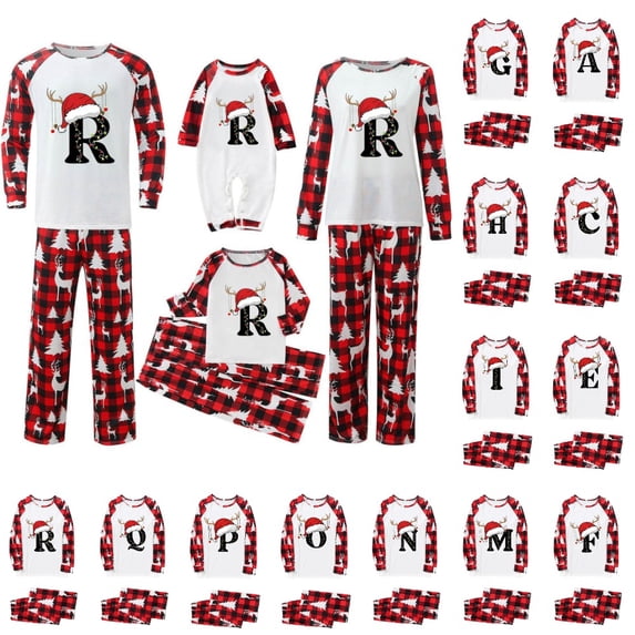 HJYCHN Matching Pajama Sets Family Christmas Pajamas Christmas Family Pajamas Matching Sets Santa Hat Antler Letter Print Plaid Pants Long Sleeve