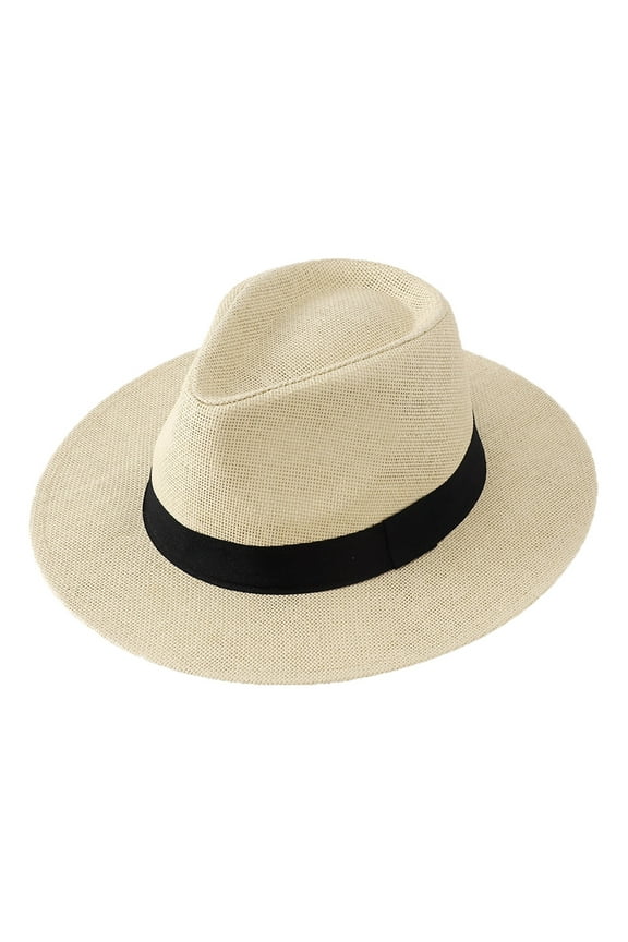 Men's Wide Brim Straw Fedora Hat Summer Outdoor Sun Breathable Cowboy Beach Headwear Beige One Size