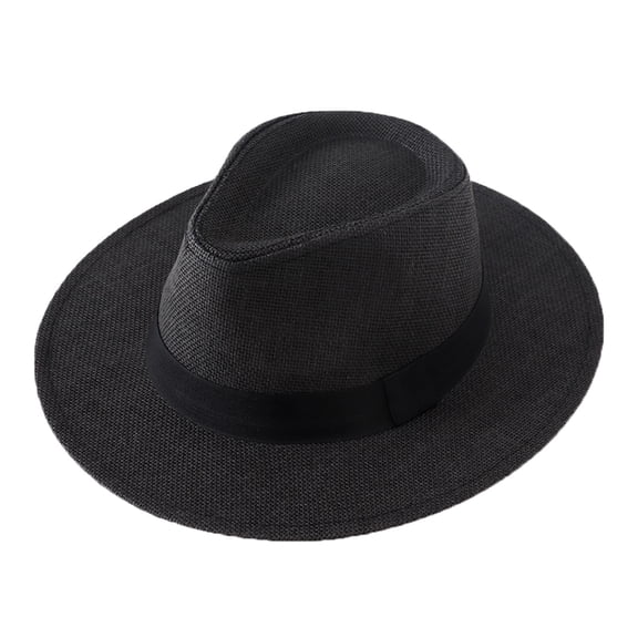 HJYCHN Men's Wide Brim Straw Fedora Hat Summer Outdoor Sun Breathable Cowboy Beach Headwear Black One Size