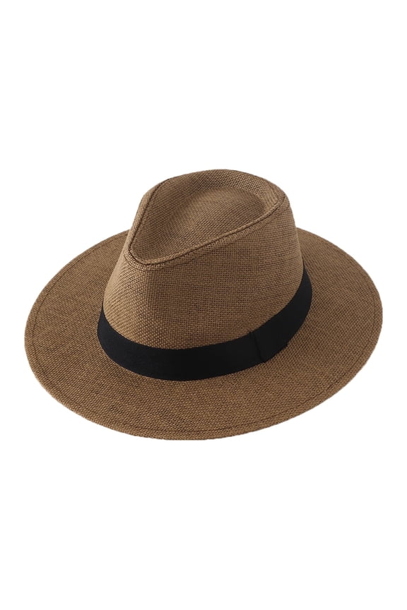 Men's Wide Brim Straw Fedora Hat Summer Outdoor Sun Breathable Cowboy Beach Headwear Coffee One Size