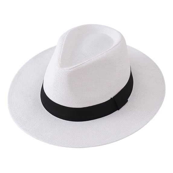 HJYCHN Men's Wide Brim Straw Fedora Hat Summer Outdoor Sun Breathable Cowboy Beach Headwear White1 One Size
