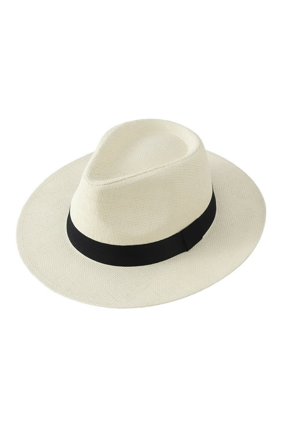 Men's Wide Brim Straw Fedora Hat Summer Outdoor Sun Breathable Cowboy Beach Headwear White2 One Size