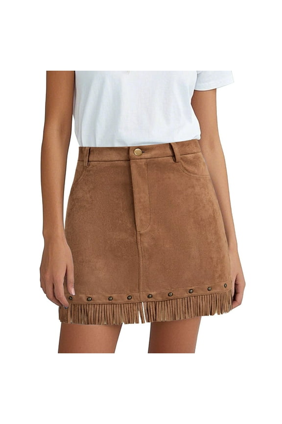 Mini Skirts for Women Velvet Ruffle Mini Skirt with Fringe Detail High Waist A-Line for Casual Wear Long Skirt Coffee M