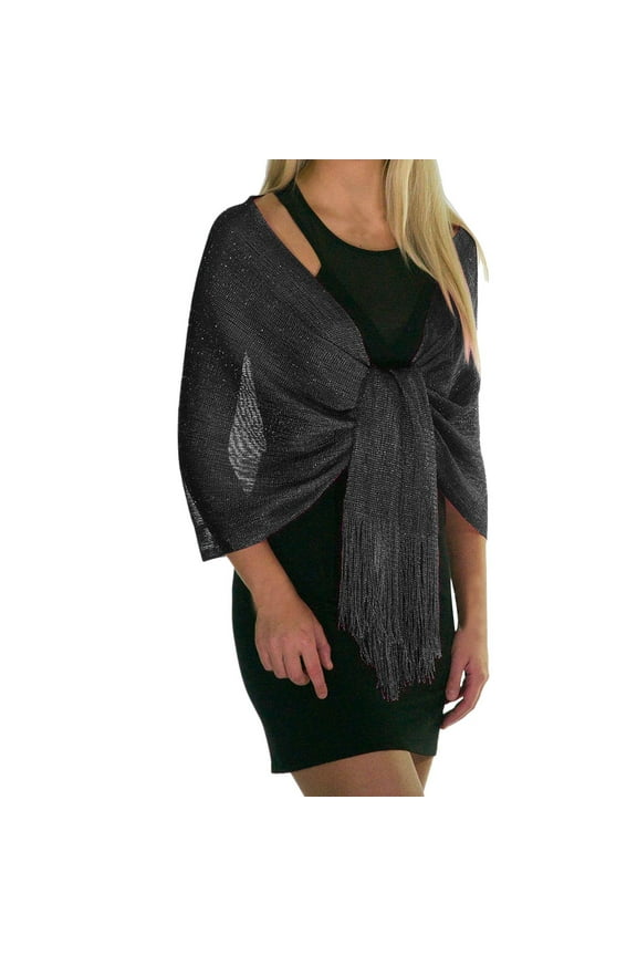 Rheane Sparkling Metallic Evening Shawl Wrap with Decorative Buckle for Wedding Party Dresses and formal Dinner Events Featuring Elegant Silk Tassel In Gold Silver Tones Black One Size