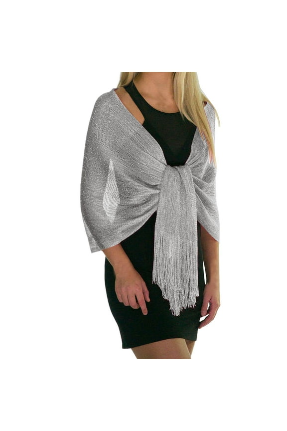 Rheane Sparkling Metallic Evening Shawl Wrap with Decorative Buckle for Wedding Party Dresses and formal Dinner Events Featuring Elegant Silk Tassel In Gold Silver Tones Silver One Size