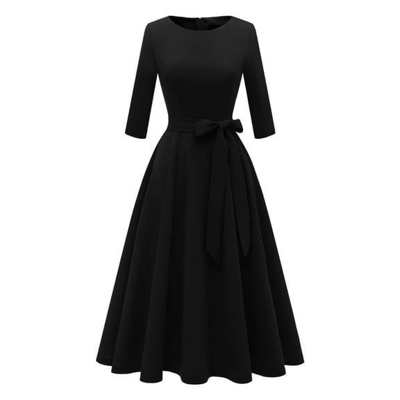 HJYCHN Round Neck Dress for Women Everyday Casual Wear Comfortable Solid Color Design with Heels Warm Weather Outfits Black S