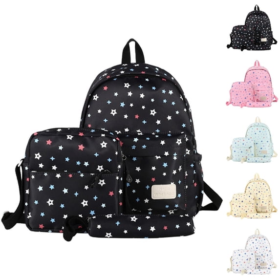 HJYCHN School Backpack for Boys Multi Star Print 3Pc Set Daypack with Crossbody Pencil Case Back to School Supplies for Kids Backpack for Teen Girls Black