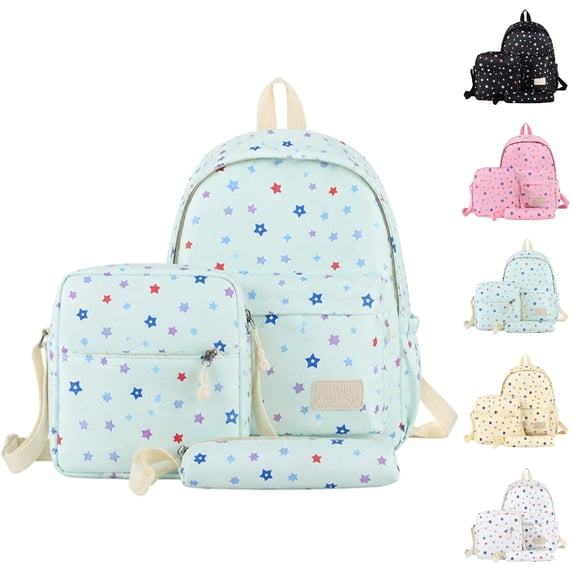 HJYCHN School Backpack for Boys Multi Star Print 3Pc Set Daypack with Crossbody Pencil Case Back to School Supplies for Kids Backpack for Teen Girls Green
