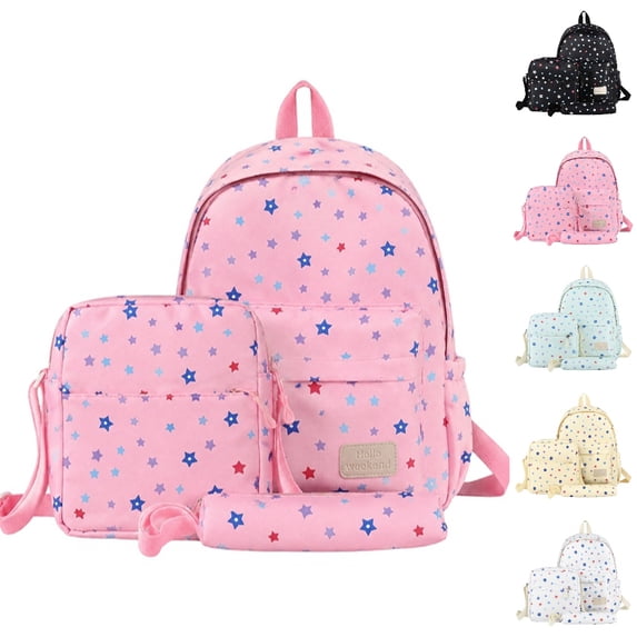 HJYCHN School Backpack for Boys Multi Star Print 3Pc Set Daypack with Crossbody Pencil Case Back to School Supplies for Kids Backpack for Teen Girls Pink