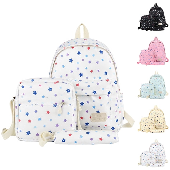 HJYCHN School Backpack for Boys Multi Star Print 3Pc Set Daypack with Crossbody Pencil Case Back to School Supplies for Kids Backpack for Teen Girls White 31cmx29cm