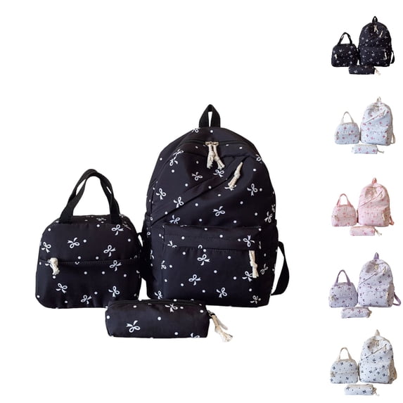 HJYCHN School Backpack for Girls 3 Piece Bow Set Lunchbox Pencil Pouch Cute Daypack for Girls Kids College School Backpacks Black One Size