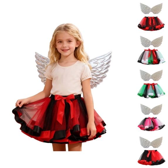 HJYCHN School Skirts for Girls Red Black Colorblock Mesh Tutu Skirt with Satin Bow for Carnival Party Back to School Clothes 4-6 Years
