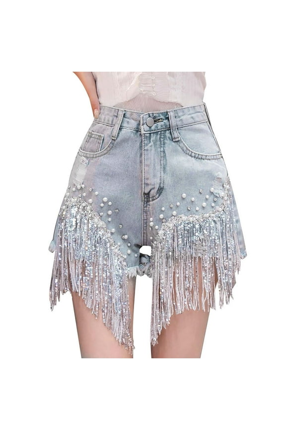 Shorts for Women Fashion Solid Color High Waist Studded Tassel A Line Wide Leg Hot Pants Hipster Shorts Leather Shorts Blue XXL