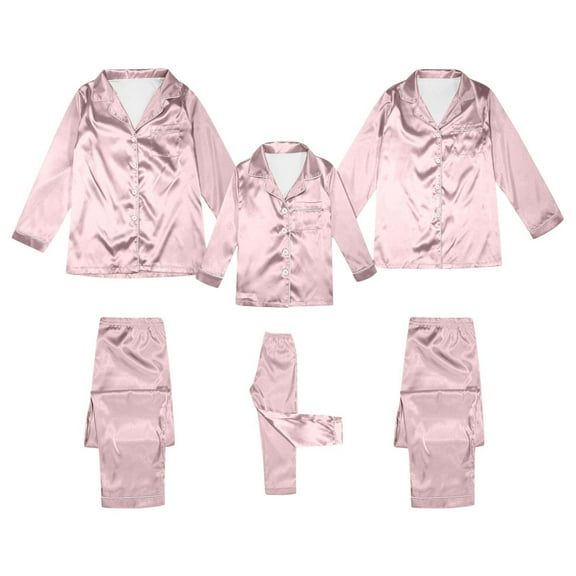 HJYCHN Silk Family Pajama Set for Women with Long Sleeve Top and Comfortable Pants Pink M