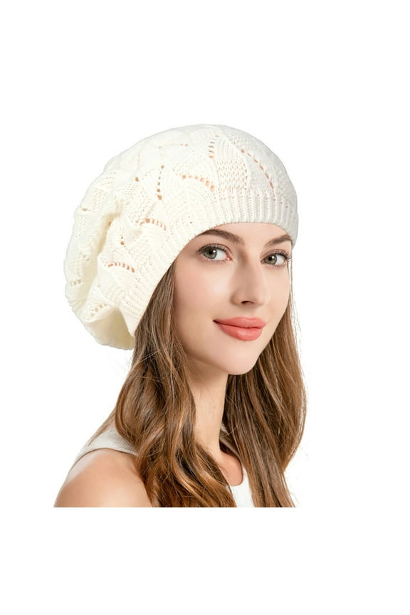 Soft Knit Crochet Beret Hat with Airy Cutout Design Lightweight Slouchy for Women White One Size