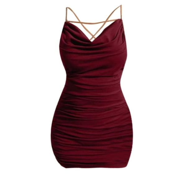 HJYCHN Spring Women's Elegant Draped Neckline Chain Detail Backless Ruffled Camisole Fashion Dress Red XXL